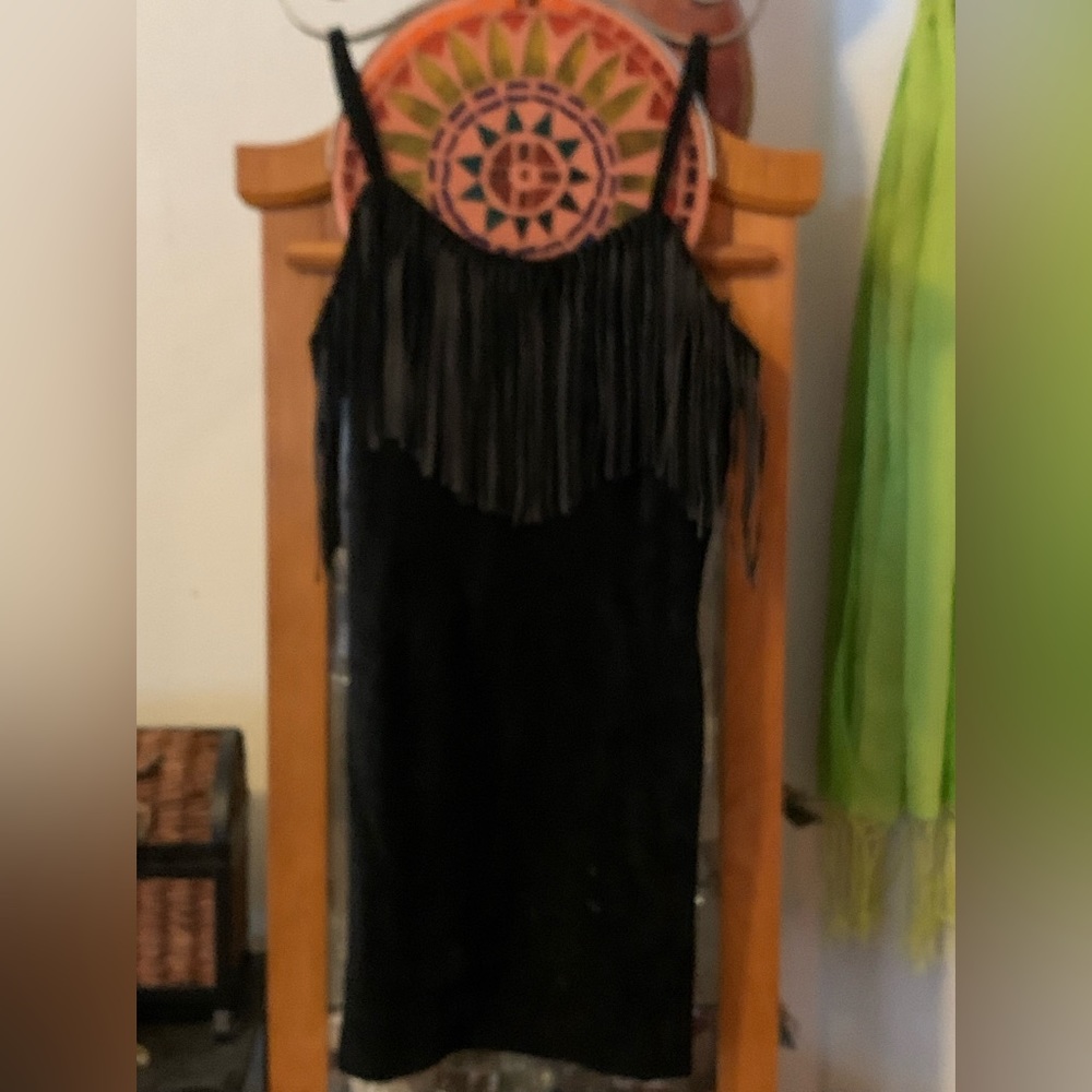 Vintage “Firenze” Black Leather Suede Fringe Dress